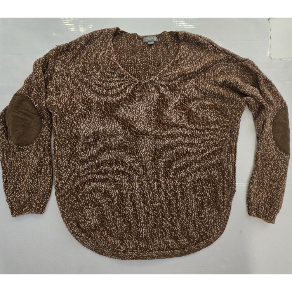 Cupcake Clothing Ltd Women's Marled Sweater Large Brown V-Neck Elbow Patch Knit